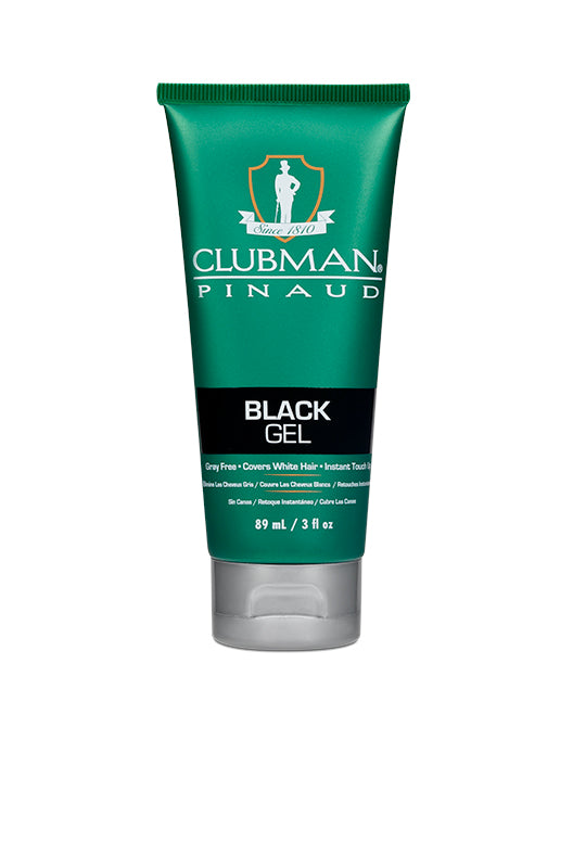 Clubman Pinaud Black Gel in an 89 mL (3 oz.) tube, covers white hair for a natural look, ideal for quick touch-ups.