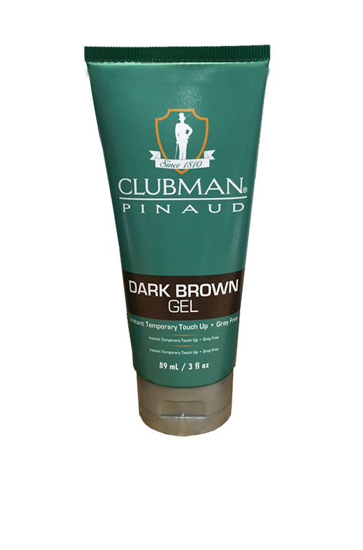 Clubman Pinaud Dark Brown Gel in an 89 mL (3 oz.) tube, gray-free formula for instant hair and beard color touch-ups.