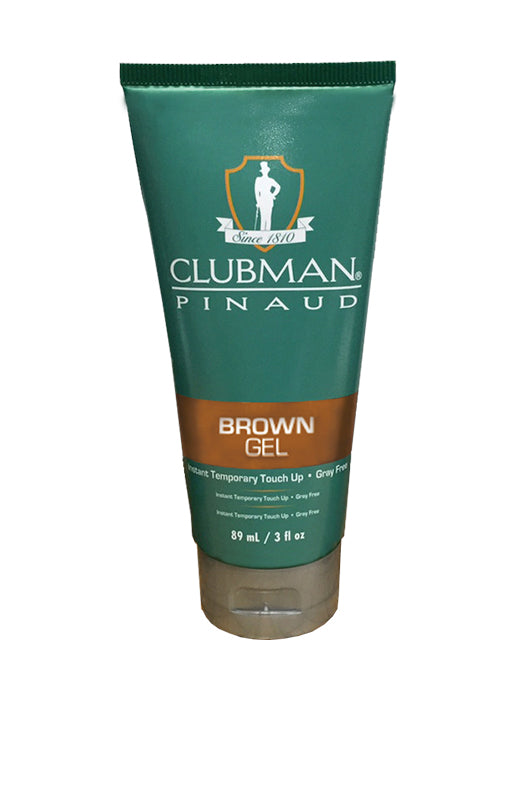 Clubman Pinaud Brown Gel in a 3 oz. tube, designed for temporary gray hair coverage and touch-ups.