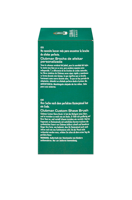 Side view of Clubman Pinaud Shave Brush box with multilingual product descriptions.