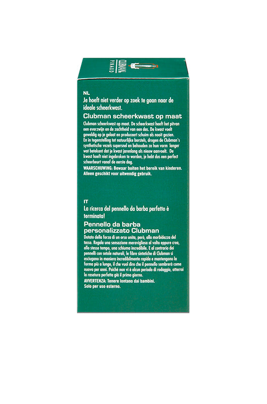 Side view of Clubman Pinaud Shave Brush box, showing product information in multiple languages.