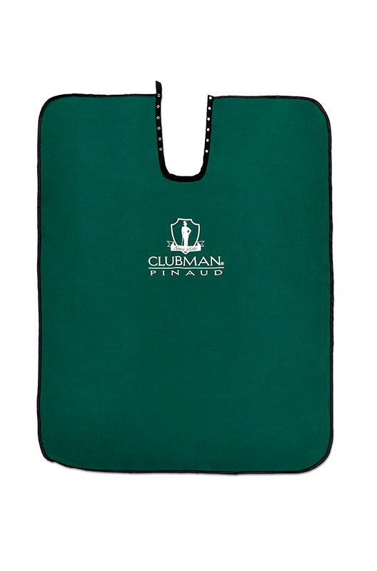 Clubman Pinaud Barber Cape in deep green with a logo, featuring snap closure for professional use.