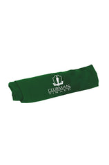 Folded green Clubman Pinaud barber cape with logo, designed for professional use in barbershops.