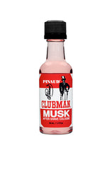 A clear 1.7-ounce bottle of Clubman Pinaud After Shave Cologne Musk showing its rose-tinted liquid contents