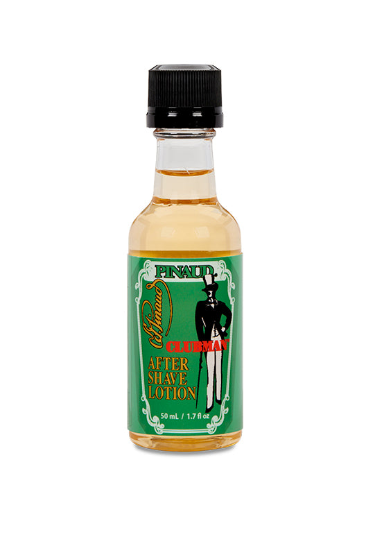 Front view of Clubman Pinaud 1.7 ounce bottle with label displaying its brand name and logo