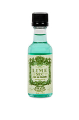 Front view of a clear 1.7 ounce bottle of Clubman Pinaud Lime Sec Eau de Cologne showing its turqoise liquid contents