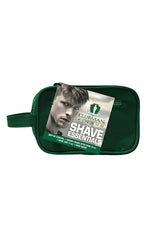 Clubman Pinaud shave essentials dopp kit with a label featuring a stylish man and shaving essentials inside.