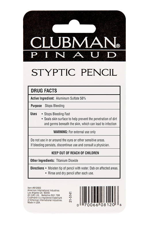 Clubman Pinaud Styptic Pencil Drug Facts, details the active ingredients and instructions for use.