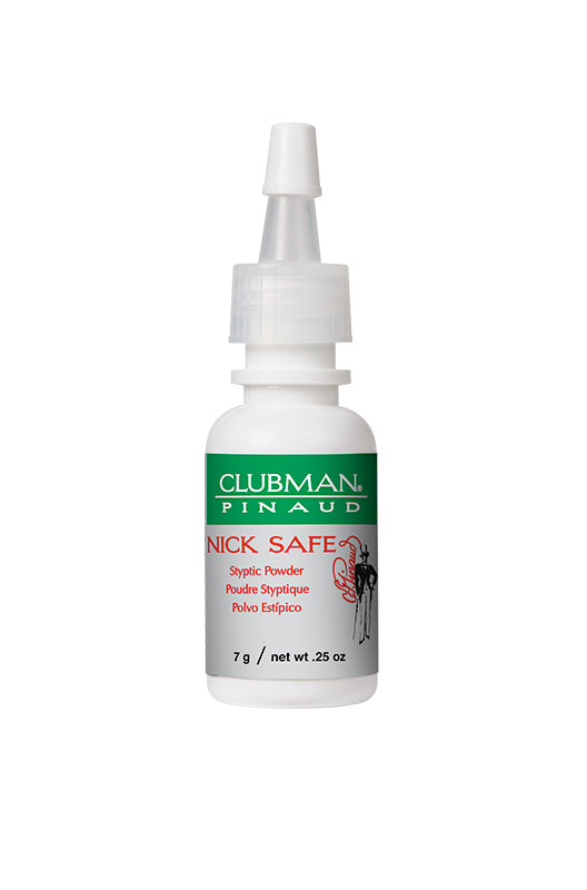 Clubman Pinaud Nick Safe Styptic Powder, easy-to-use applicator for treating shaving nicks and minor cuts.