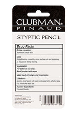 Clubman Pinaud Jumbo Styptic Pencil Back, ingredient list and directions for safe application.