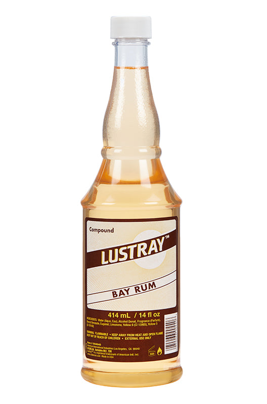 Lustray Bay Rum in a golden bottle, a warm, spiced aftershave with a rich, classic bay rum aroma.