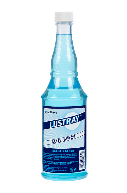 Lustray Blue Spice After Shave in a blue bottle, bold and invigorating scent for a cool and refreshing post-shave finish.