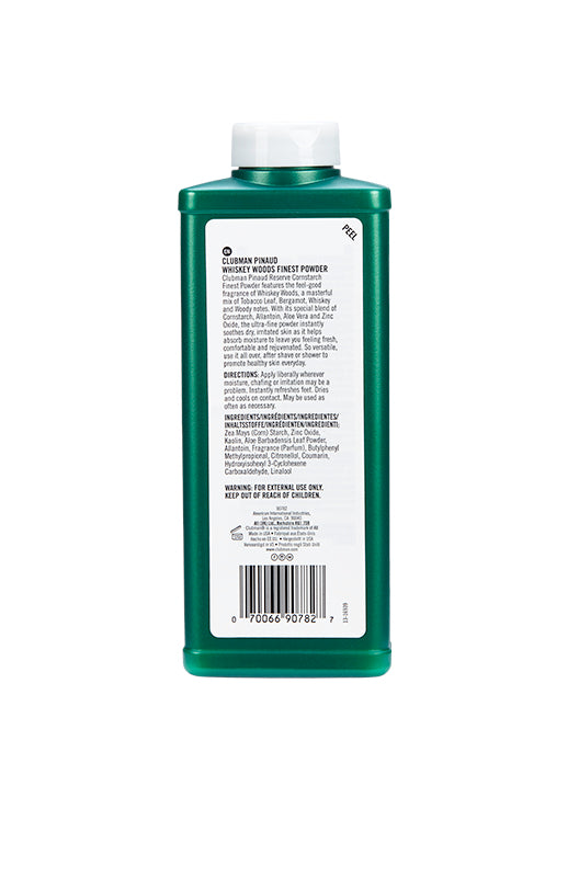 Back view of Clubman Reserve Whiskey Woods Powder 9 oz. bottle, displaying product benefits and ingredient list.
