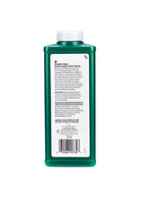 Back view of Clubman Reserve Whiskey Woods Powder 9 oz. bottle, displaying product benefits and ingredient list.