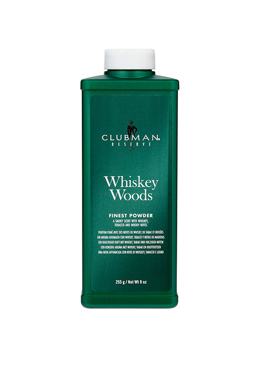 Clubman Reserve Whiskey Woods Finest Powder in a 9 oz. bottle, featuring a smoky whiskey and tobacco scent.