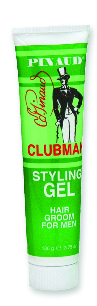 Close-up of Clubman Pinaud Styling Gel in a 3.75 oz. tube, a classic men’s hair grooming product for a polished look.