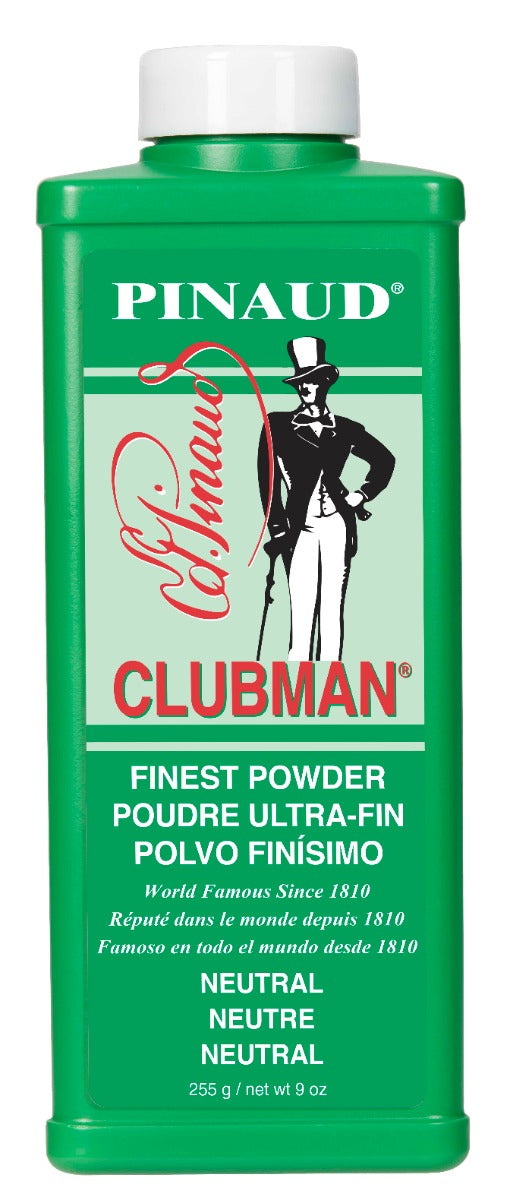 Clubman Pinaud Finest Powder in a green plastic bottle, ultra-fine formula for moisture absorption and freshness.