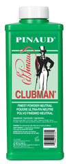 Back of Clubman Pinaud Finest Powder Bottle displaying ingredients and product details for skin comfort.
