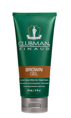 Close-up of Clubman Pinaud Brown Gel tube, highlighting the product's instant touch-up and gray-free formula.