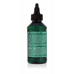 Back view of Clubman Pinaud Light Castor Oil + Hemp 4 oz. bottle, showing product details and ingredients list.