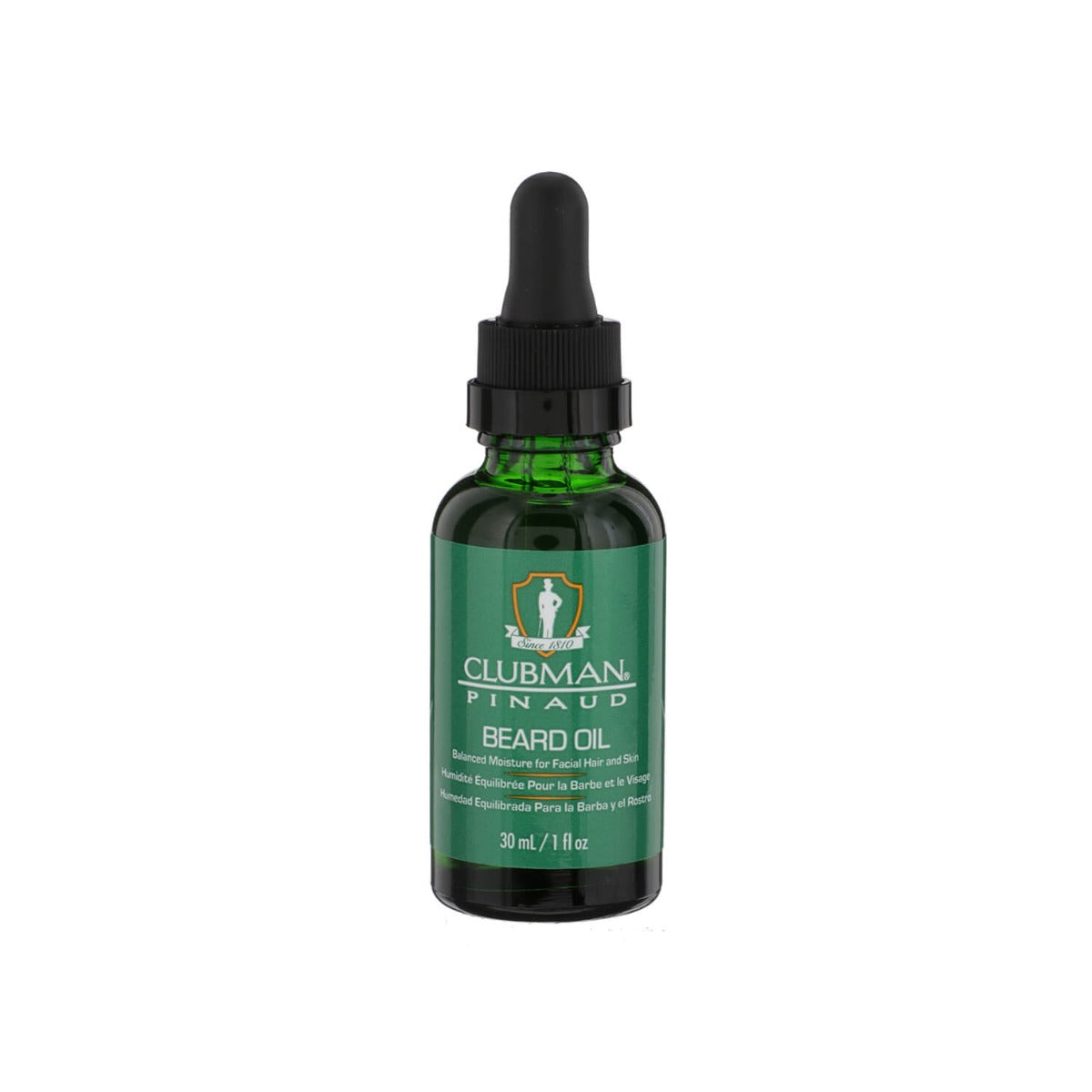 Clubman Pinaud Beard Oil, nourishing oil in a green glass dropper bottle, hydrates and conditions facial hair.