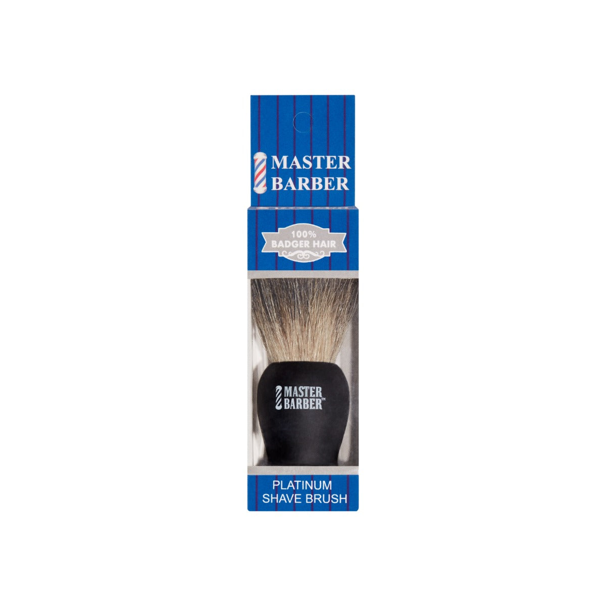 Front view of Master Barber Platinum Shave Brush in retail packaging, featuring 100% badger hair bristles.