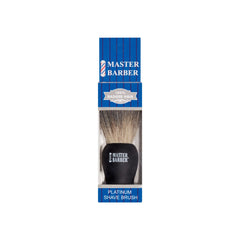 Front view of Master Barber Platinum Shave Brush in retail packaging, featuring 100% badger hair bristles.