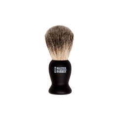 Close-up of Master Barber Platinum Shave Brush, showing black ergonomic handle and soft badger hair bristles.