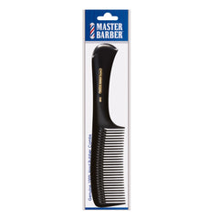 Front view of Master Barber hard rubber comb in retail packaging, featuring gold lettering.