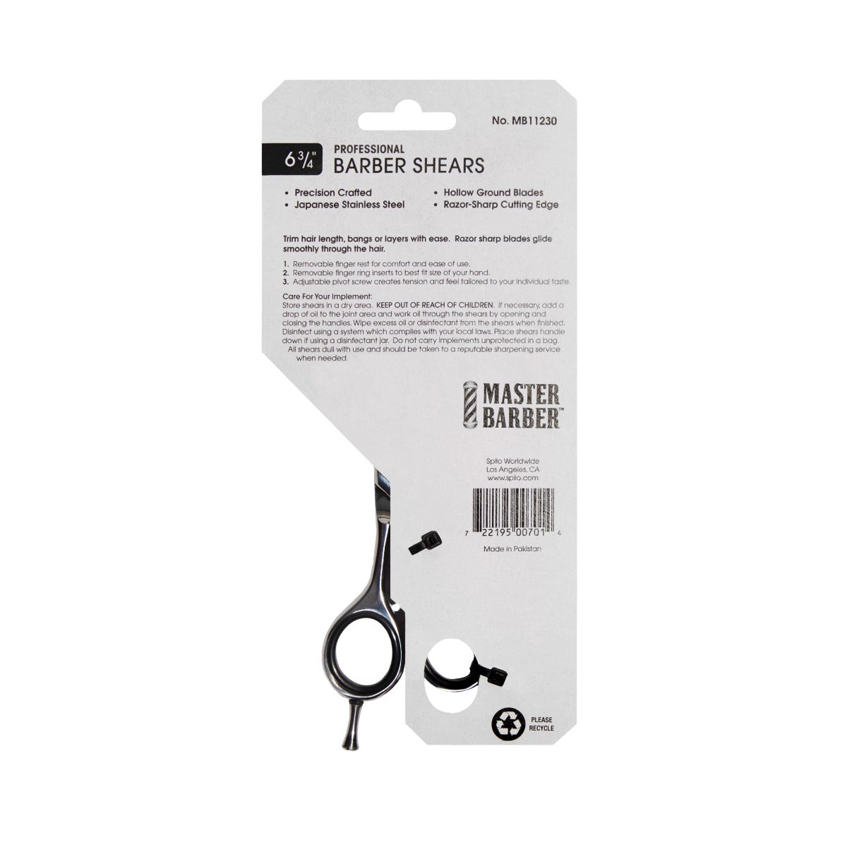 Back view of Master Barber Professional Barber Shears packaging, displaying product details and care instructions.