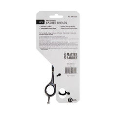 Back view of Master Barber Professional Barber Shears packaging, displaying product details and care instructions.