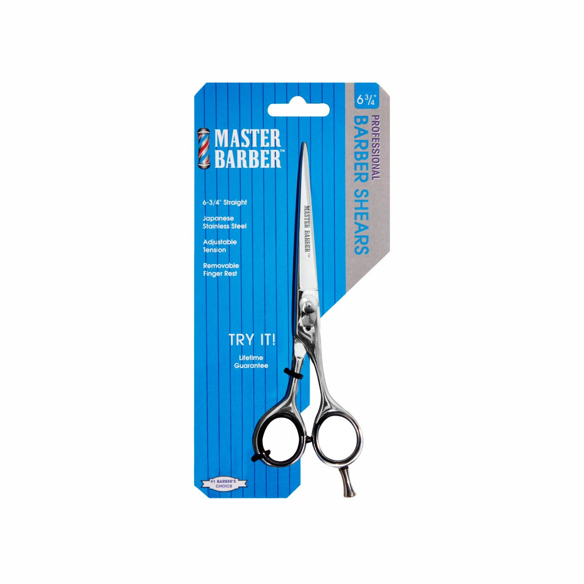 Front view of Master Barber Professional Barber Shears in retail packaging, featuring blue background and product details.