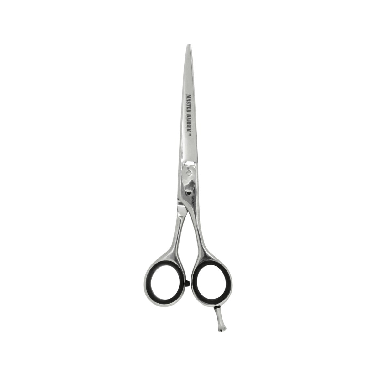Close-up of Master Barber Professional Barber Shears, showcasing stainless steel design and ergonomic grip.