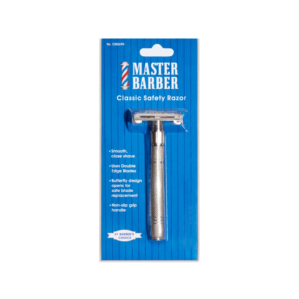 Front view of Master Barber Classic Safety Razor in retail packaging, featuring blue background and product details.