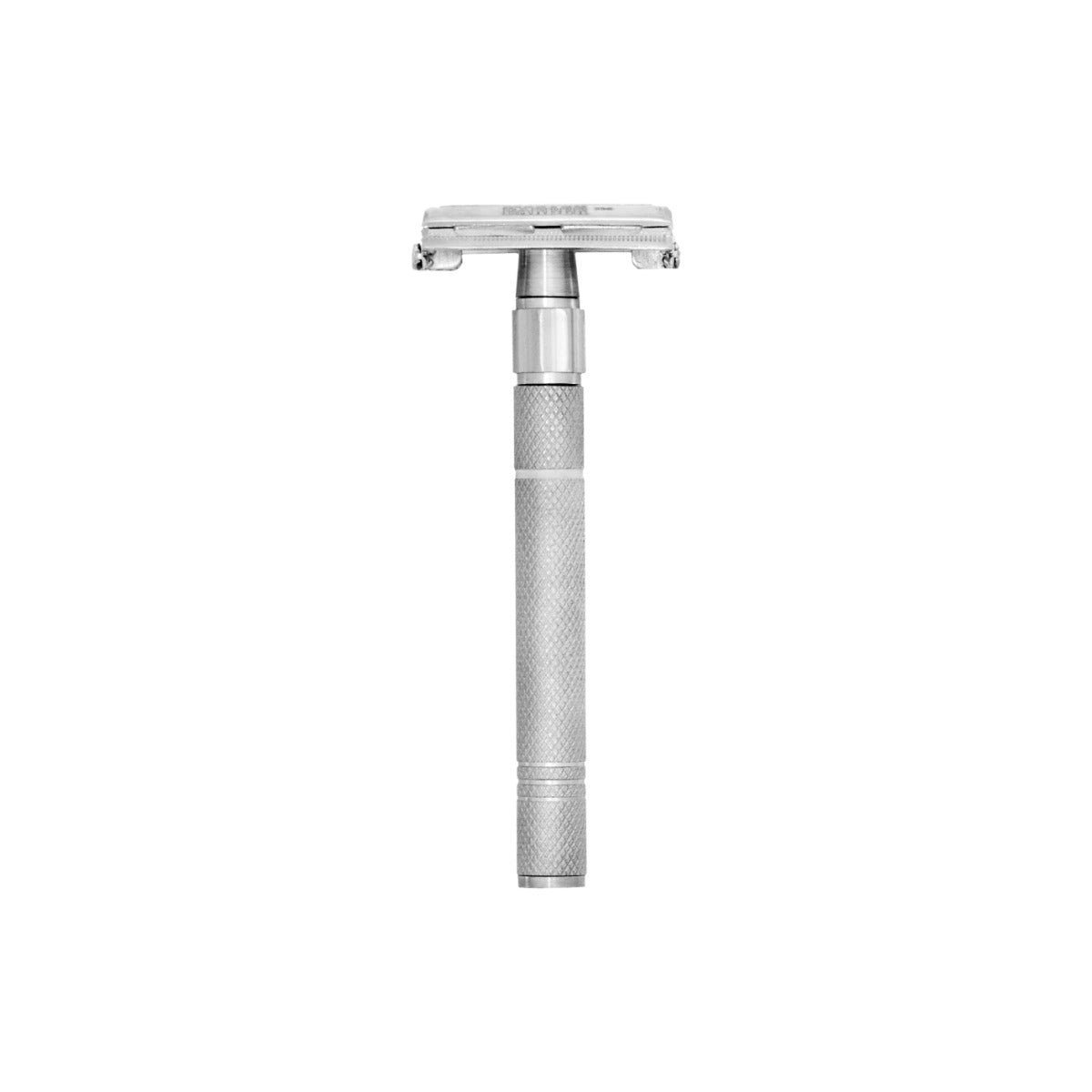Close-up view of Master Barber Classic Safety Razor, showcasing textured grip handle and butterfly opening.