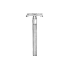 Close-up view of Master Barber Classic Safety Razor, showcasing textured grip handle and butterfly opening.