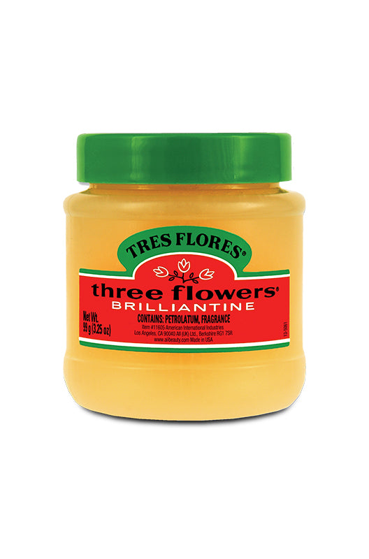 Front view of Tres Flores Brilliantine Pomade 3.25 oz. jar, featuring green lid and product branding.