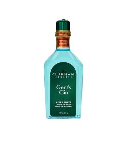 Clear 6 ounce bottle of Clubman Reserve Gent's Gin After Shave Lotion showing its turquoise-colored liquid contents