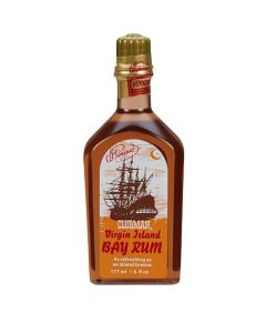 Front view of a 6-ounce bottle of Clubman Pinaud Bay Rum After Shave lotion featuring nautical themed label