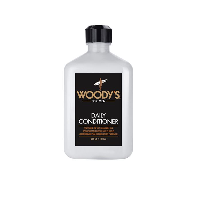 Capped bottle of Woody's daily conditioner for men with a printed label with three different languages