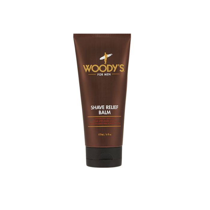 Front view of a 6-ounce Woody's shave relief balm for men