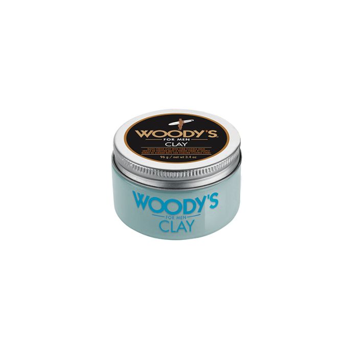 Woody's men's grooming clay for men in a 3.4-ounce capped tub