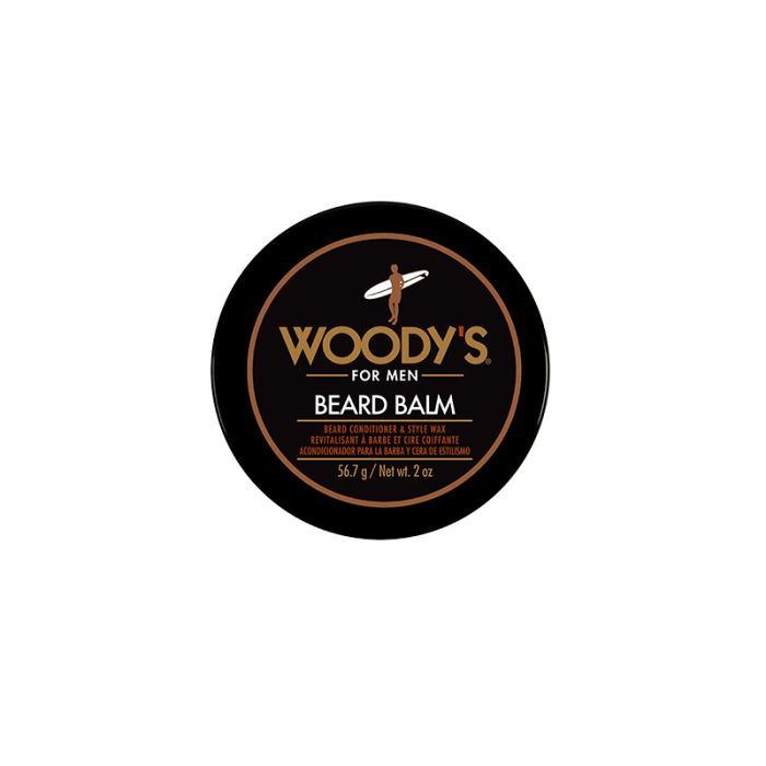 Closeup top view of Woody's beard balm for men tin container with printed text