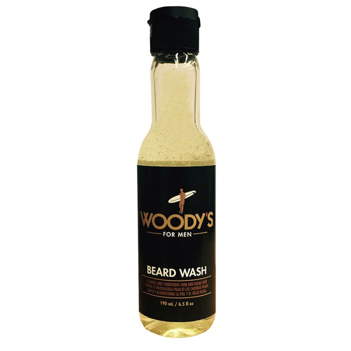 Capped bottle of Woody's Beard wash for men with the printed product label and details