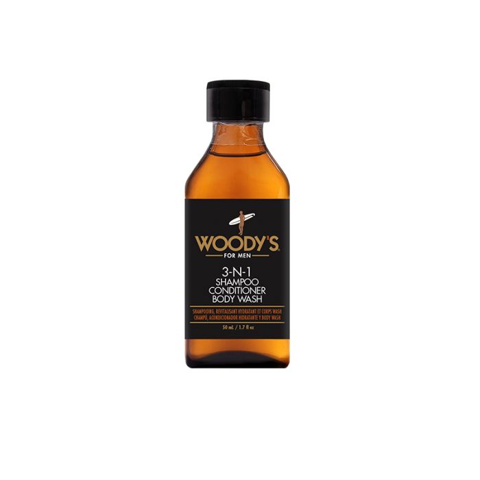 Capped 1.7-ounce mini bottle of Woody's 3-in-1 body wash with label text