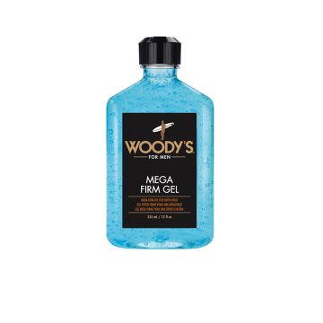 Frontage of Woody's hairstyling Mega Firm gel in a capped 12-ounce bottle with printed label