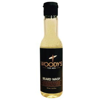 Capped bottle of Woody's Beard wash for men with the printed product label and details